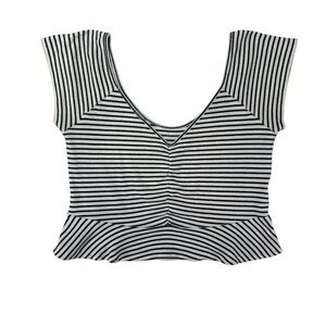 American Eagle Striped Crop Top Navy & White Ruffled V-Neck Size Large